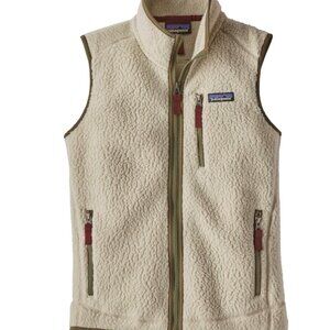 Women's Patagonia Retro Pile Fleece Vest - Off White/Taupe with Maroon Details.